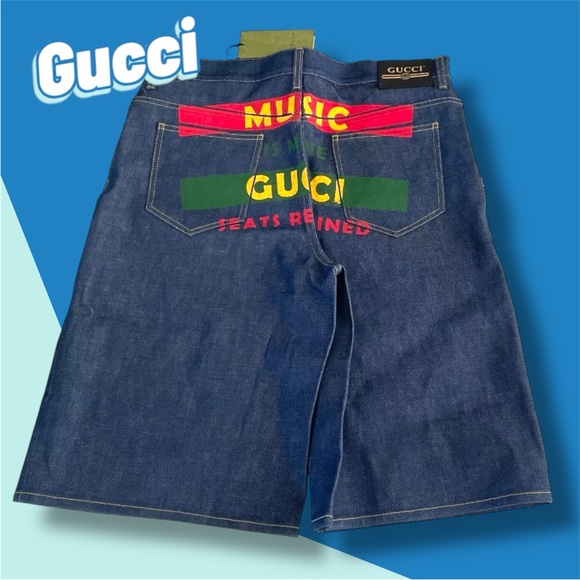 Gucci Blue and Red Jean Shorts with Colorful Waistband